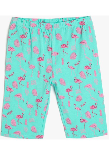 Kısa Tayt Flamingo Baskılı Beli Lastikli Pamuklu