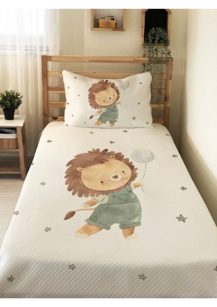 Yavru Aslan Desenli Tek Kişilik Pike Takımı 160X230 Beyaz