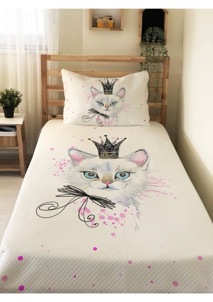 Kedi Desenli Tek Kişilik Pike Takımı 160X230 Beyaz