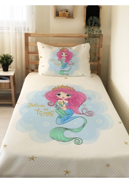 Deniz Kızı Desenli Tek Kişilik Pike Takımı 160X230 Beyaz
