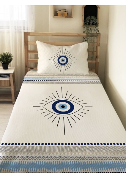Göz Desenli Genç ve Çocuk Baskılı Tek Kişilik Pike Takımı 160X230 Beyaz