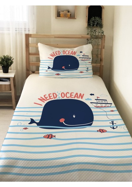 Balina Desenli Bebek ve Çocuk Baskılı Tek Kişilik Pike Takımı 160X230 Beyaz