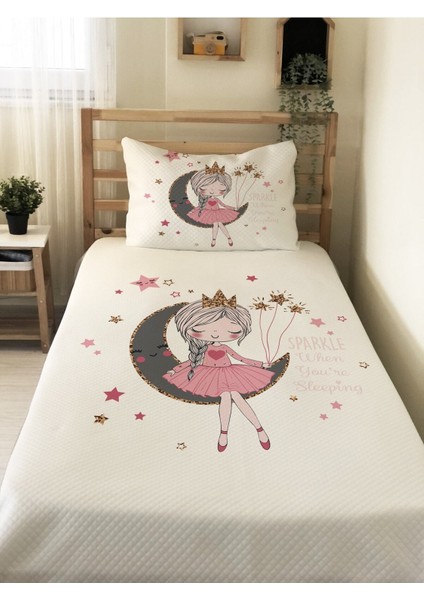 Aykız Desenli Bebek ve Çocuk Baskılı Tek Kişilik Pike Takımı 160X230 Beyaz