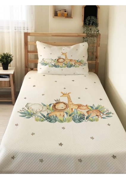Hayvanlar Alemi Desenli Bebek ve Çocuk Baskılı Tek Kişilik Pike Takımı 160X230 Beyaz