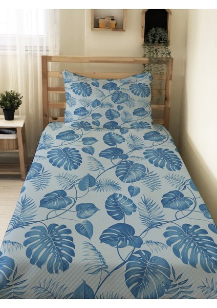Mavi Yaprak Desenli Bebek ve Çocuk Baskılı Tek Kişilik Pike Takımı 160X230 Mavi