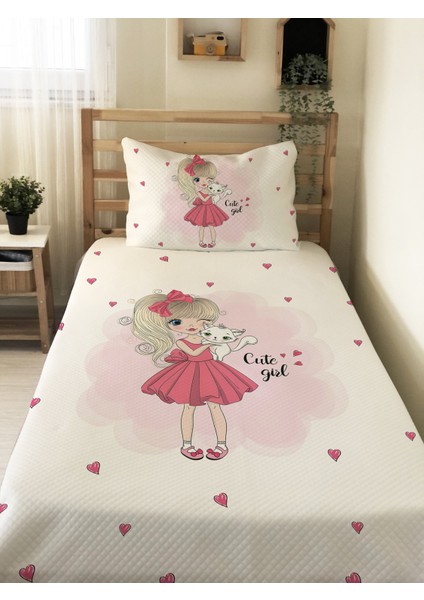 Kız ve Kedi Desenli, Baskılı Tek Kişilik ve Çocuk Pike Takımı