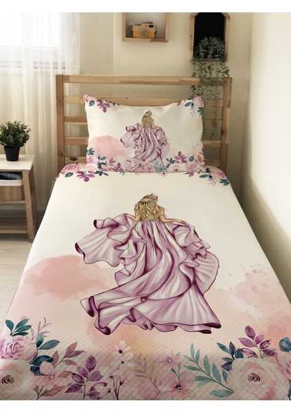 Prenses Kadın Desenli Genç ve Çocuk Baskılı Tek Kişilik Pike Takımı 160X230 Beyaz