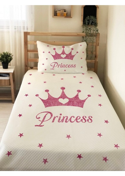 Prenses Tacı Desenli Bebek ve Çocuk Baskılı Tek Kişilik Pike Takımı 160X230 Beyaz