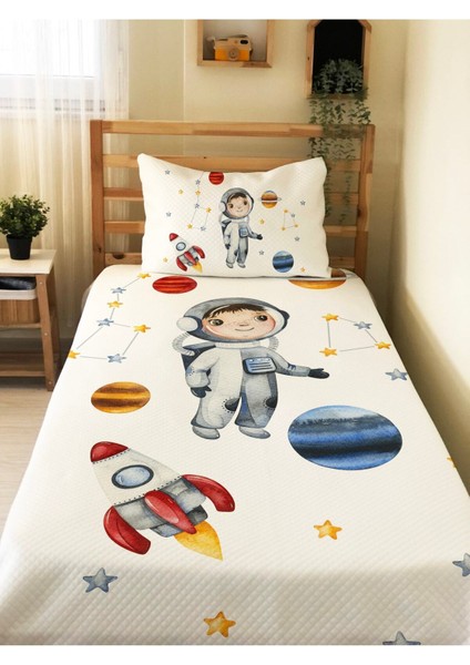 Astronot Desenli Bebek ve Çocuk Baskılı Tek Kişilik Pike TAKIMI 160X230 Beyaz