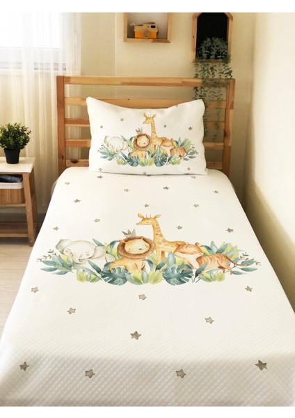Orman Hayvanları Desenli Bebek ve Çocuk Baskılı Tek Kişilik Pike TAKIMI 160X230 Beyaz