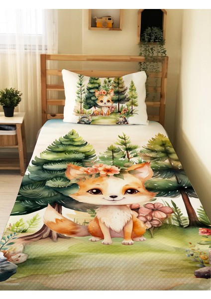 Sevimli Tilki Desenli Tek Kişilik Pike Takımı 160X230 cm