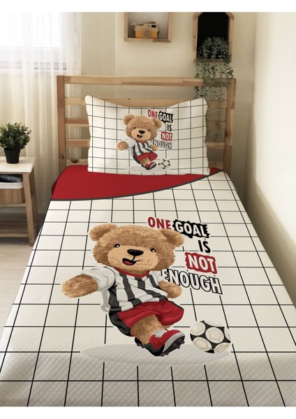 Futbolcu Teddy Desenli Genç ve Çocuk Baskılı Tek Kişilik Pike Takımı 160X230 Beyaz
