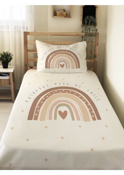 Gökkuşağı Desenli Bebek ve Çocuk Baskılı Tek Kişilik Pike Takımı 160X230 Beyaz