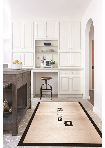 Dijital Baskılı Kaymaz Taban Yıkanabilir Kitchen Yazılı Mutfak Halısı, N-Mutfak-02-Kahve,