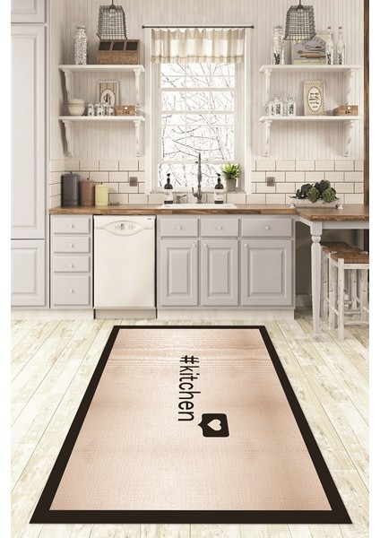 Dijital Baskılı Kaymaz Taban Yıkanabilir Kitchen Yazılı Mutfak Halısı, N-Mutfak-02-Kahve,