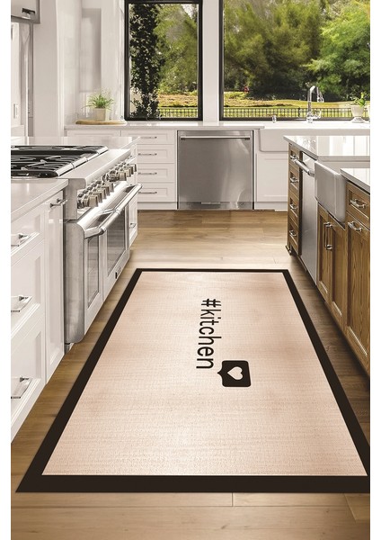Dijital Baskılı Kaymaz Taban Yıkanabilir Kitchen Yazılı Mutfak Halısı, N-Mutfak-02-Kahve,