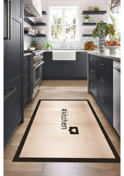 Dijital Baskılı Kaymaz Taban Yıkanabilir Kitchen Yazılı Mutfak Halısı, N-Mutfak-02-Kahve,