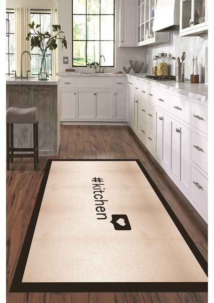 Dijital Baskılı Kaymaz Taban Yıkanabilir Kitchen Yazılı Mutfak Halısı, N-Mutfak-02-Kahve,