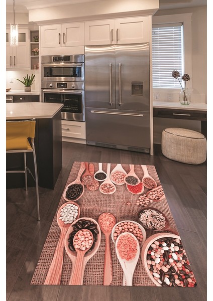 3D Dijital Baskılı Kaymaz Taban Yıkanabilir Renkli Modern Mutfak Halısı, N-Mutfak-29-Pembe,