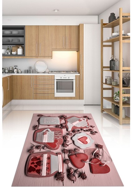 3D Dijital Baskılı Kaymaz Taban Yıkanabilir Renkli Modern Mutfak Halısı, N-Mutfak-34-Kırmızı,