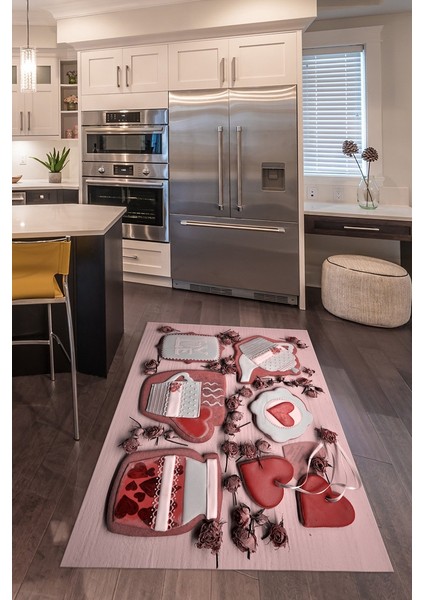 3D Dijital Baskılı Kaymaz Taban Yıkanabilir Renkli Modern Mutfak Halısı, N-Mutfak-34-Kırmızı,