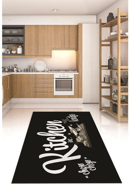 Dijital Baskılı Kaymaz Taban Yıkanabilir Kitchen Yazılı Mutfak Halısı, N-Mutfak-41-Siyah,