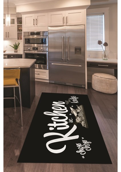 Dijital Baskılı Kaymaz Taban Yıkanabilir Kitchen Yazılı Mutfak Halısı, N-Mutfak-41-Siyah,