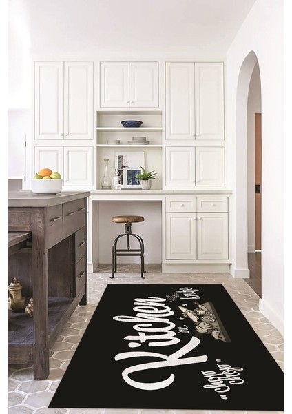 Dijital Baskılı Kaymaz Taban Yıkanabilir Kitchen Yazılı Mutfak Halısı, N-Mutfak-41-Siyah,