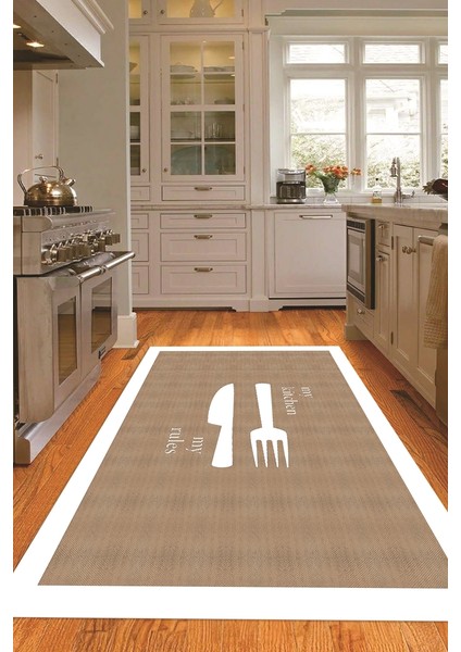 Dijital Baskılı Kaymaz Taban Yıkanabilir Kitchen Yazılı Mutfak Halısı, N-Mutfak-09-Beyaz, indirimleri