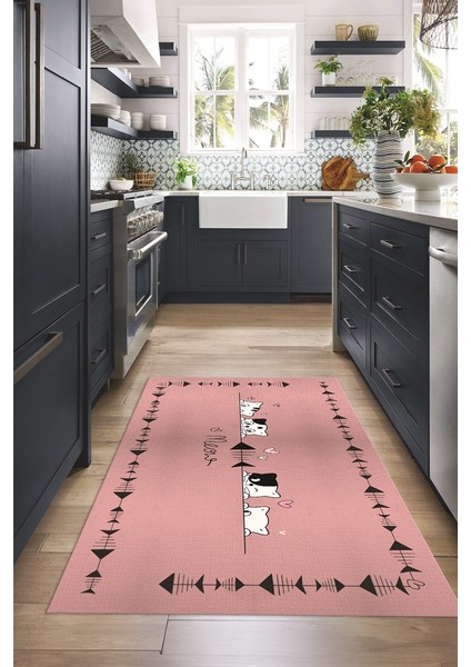 Dijital Baskılı Kaymaz Taban Yıkanabilir Renkli Modern Mutfak Halısı, N-Mutfak-10-Pembe,