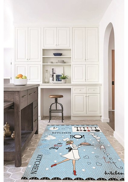 Dijital Baskılı Kaymaz Taban Yıkanabilir Renkli Modern Mutfak Halısı, N-Mutfak-03-Mavi,