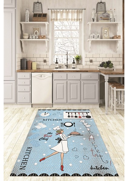 Dijital Baskılı Kaymaz Taban Yıkanabilir Renkli Modern Mutfak Halısı, N-Mutfak-03-Mavi,
