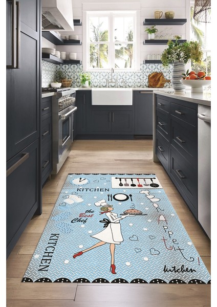 Dijital Baskılı Kaymaz Taban Yıkanabilir Renkli Modern Mutfak Halısı, N-Mutfak-03-Mavi,