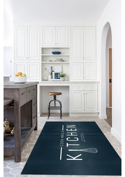 Dijital Baskılı Kaymaz Taban Yıkanabilir Kitchen Yazılı Mutfak Halısı, N-Mutfak-04-Mavi,