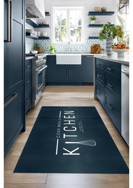 Dijital Baskılı Kaymaz Taban Yıkanabilir Kitchen Yazılı Mutfak Halısı, N-Mutfak-04-Mavi, fırsatları