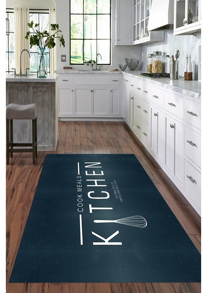 Dijital Baskılı Kaymaz Taban Yıkanabilir Kitchen Yazılı Mutfak Halısı, N-Mutfak-04-Mavi, indirimleri