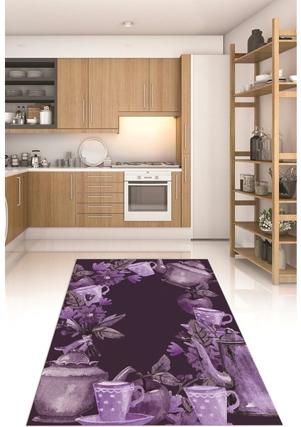 3D Dijital Baskılı Kaymaz Taban Yıkanabilir Renkli Modern Mutfak Halısı, N-Mutfak-25-Mor,