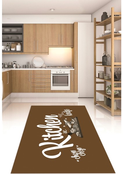 Dijital Baskılı Kaymaz Taban Yıkanabilir Kitchen Yazılı Mutfak Halısı, N-Mutfak-41-Kahve-Beyaz,