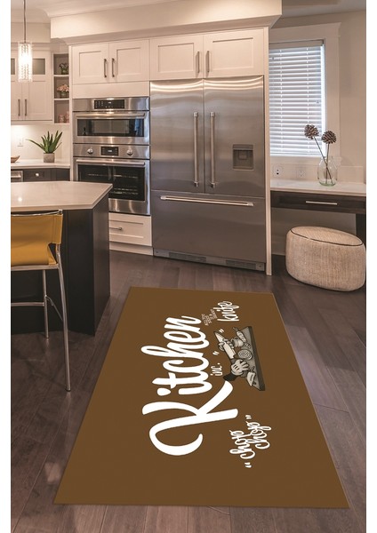 Dijital Baskılı Kaymaz Taban Yıkanabilir Kitchen Yazılı Mutfak Halısı, N-Mutfak-41-Kahve-Beyaz,