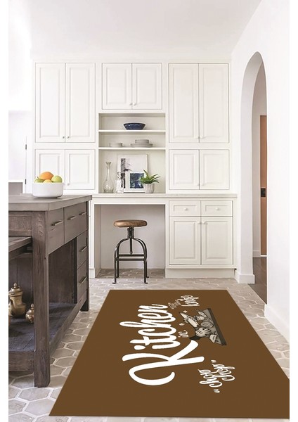 Dijital Baskılı Kaymaz Taban Yıkanabilir Kitchen Yazılı Mutfak Halısı, N-Mutfak-41-Kahve-Beyaz,