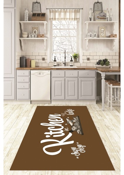 Dijital Baskılı Kaymaz Taban Yıkanabilir Kitchen Yazılı Mutfak Halısı, N-Mutfak-41-Kahve-Beyaz,