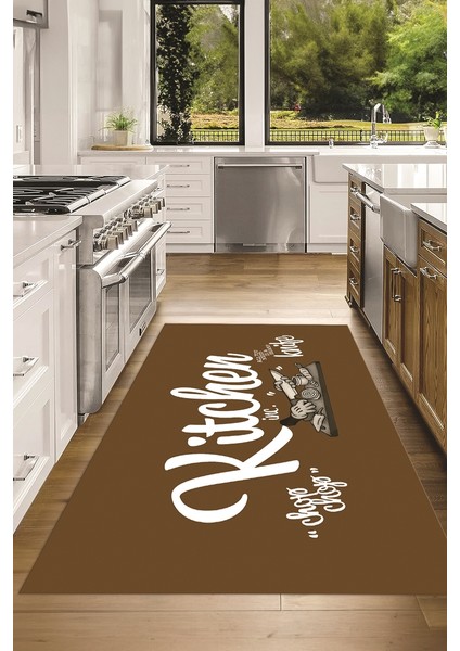Dijital Baskılı Kaymaz Taban Yıkanabilir Kitchen Yazılı Mutfak Halısı, N-Mutfak-41-Kahve-Beyaz,