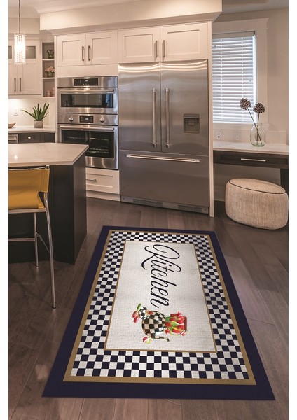 Dijital Baskılı Kaymaz Taban Yıkanabilir Kitchen Yazılı Mutfak Halısı, N-Mutfak-48-Lacivert,