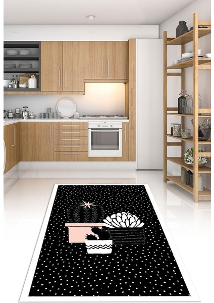 Dijital Baskılı Kaymaz Taban Yıkanabilir Renkli Modern Mutfak Halısı, N-Mutfak-38-Siyah,