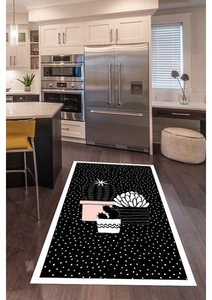 Dijital Baskılı Kaymaz Taban Yıkanabilir Renkli Modern Mutfak Halısı, N-Mutfak-38-Siyah,