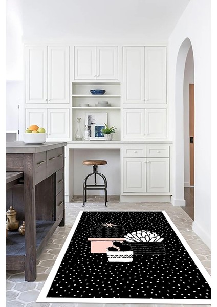 Dijital Baskılı Kaymaz Taban Yıkanabilir Renkli Modern Mutfak Halısı, N-Mutfak-38-Siyah,