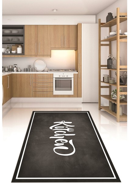 Dijital Baskılı Kaymaz Taban Yıkanabilir Kitchen Yazılı Mutfak Halısı, N-Mutfak-42-Antrasit,