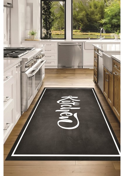 Dijital Baskılı Kaymaz Taban Yıkanabilir Kitchen Yazılı Mutfak Halısı, N-Mutfak-42-Antrasit, indirimleri