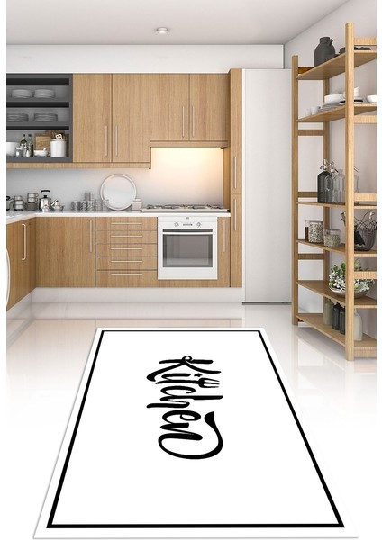 Dijital Baskılı Kaymaz Taban Yıkanabilir Kitchen Yazılı Mutfak Halısı, N-Mutfak-42-Beyaz,