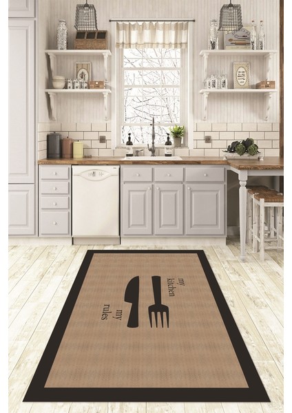 Dijital Baskılı Kaymaz Taban Yıkanabilir Kitchen Yazılı Mutfak Halısı, N-Mutfak-09-Kahve,